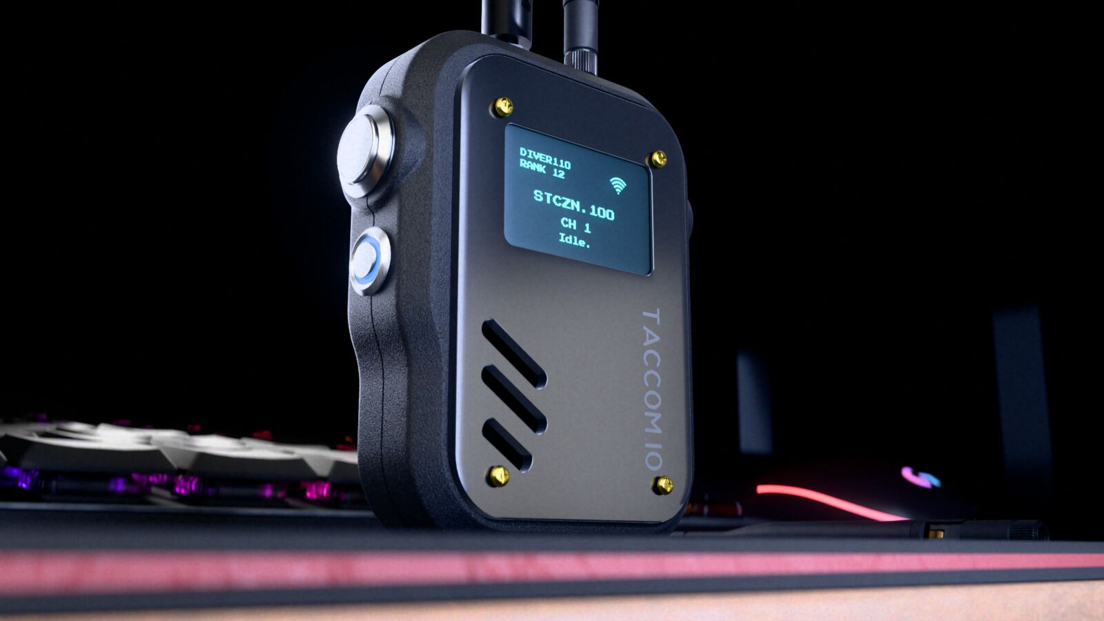 Low angle of the TACCOM v2 showing the side buttons and speaker vents