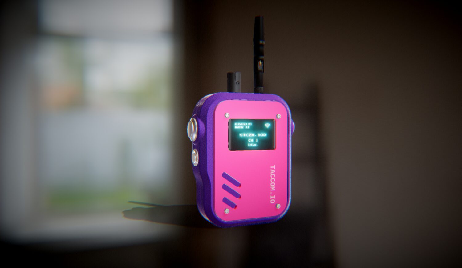 TACCOM radio with purple shell and hot pink faceplate