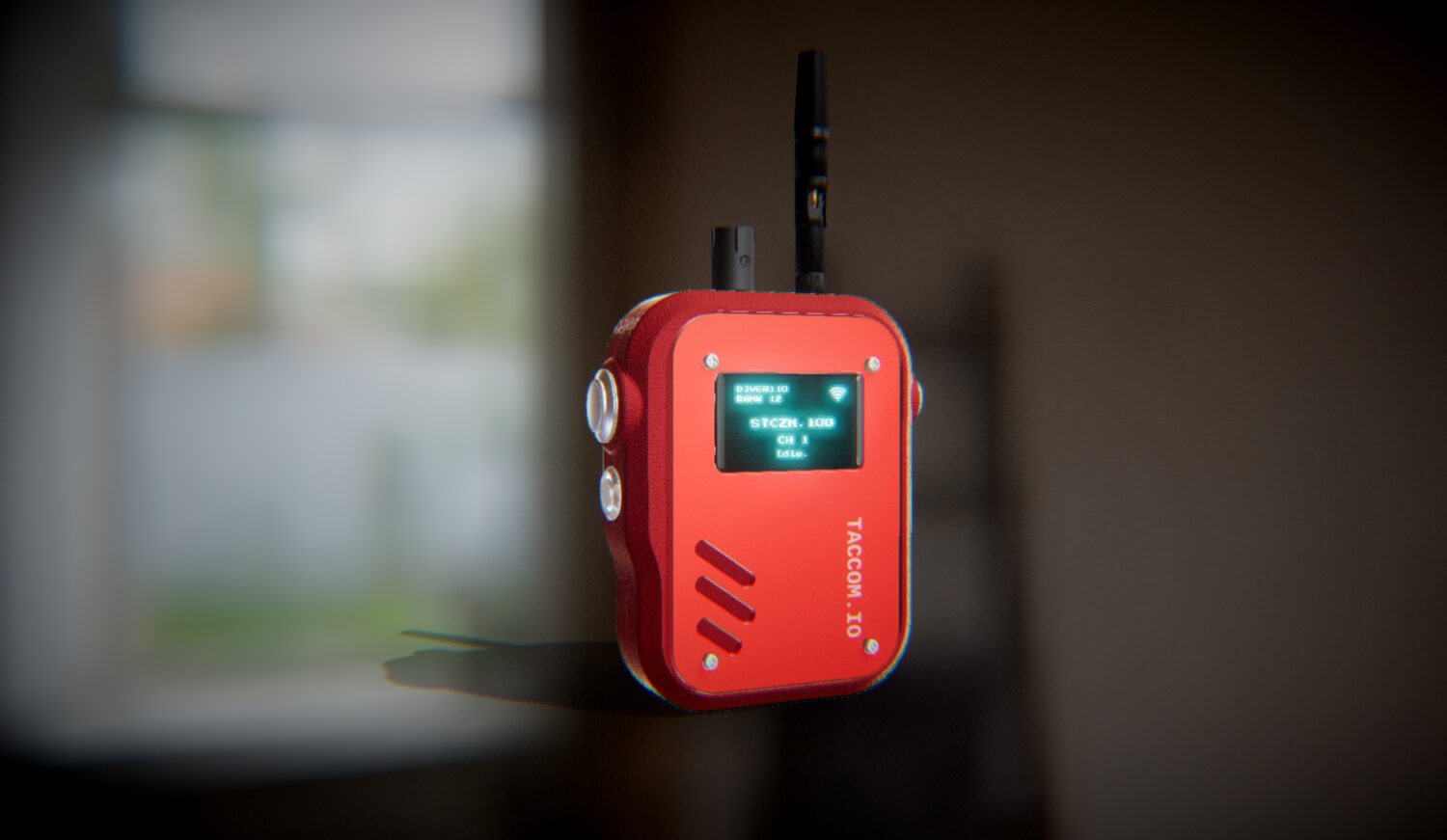 TACCOM radio with red shell and red faceplate